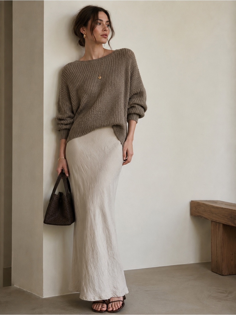 Ivory Crinkle Maxi Skirt | Medium